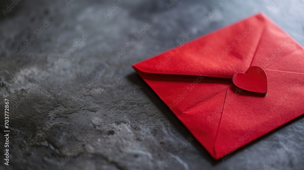 Poster a red envelope with a heart cut out of it sitting on a gray surface with a red envelope with a red h
