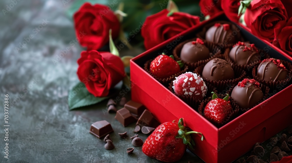 Poster a close up of a box of chocolates with strawberries on a table next to red roses and chocolates.