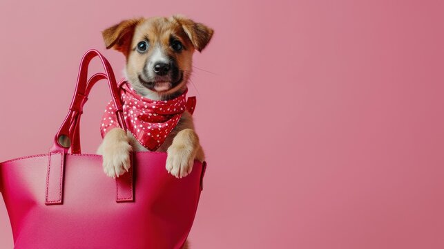  a small dog sitting in a pink bag with its paws on the handle of a pink purse with a polka dot bow around its neck.