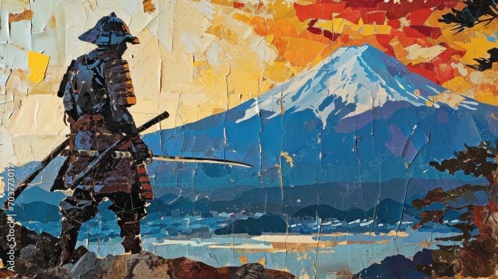Poster a painting of a man with a sword standing in front of a mountain with a red sky in the background.