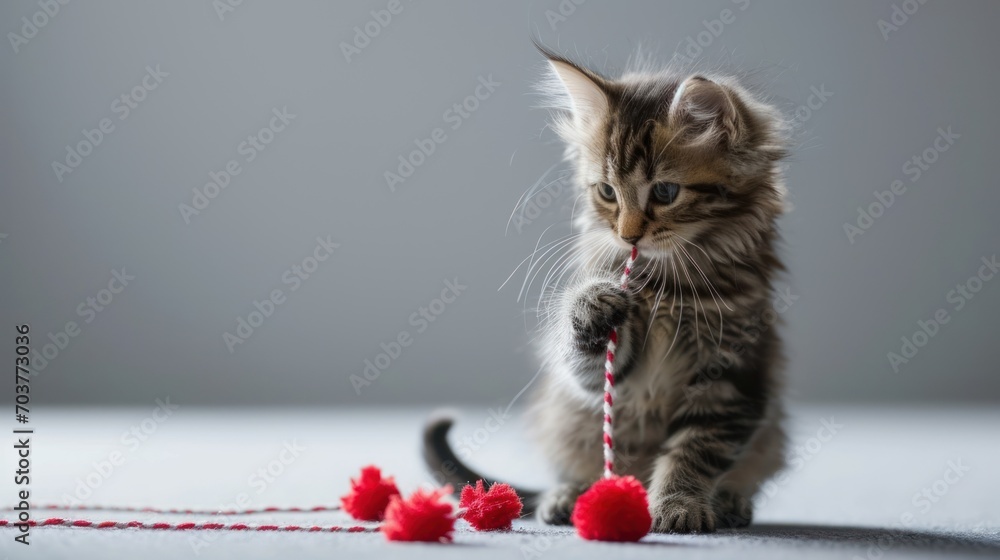 Poster a small kitten playing with a string of red pom - poms on a white surface with a gray background.