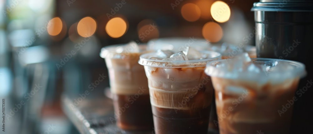 Wall mural a close up of three cups of coffee on a tray with ice cubes on the top of the cups.