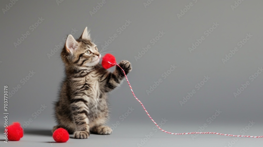 Poster a small kitten playing with a red ball of string and a red ball of yarn on a light gray background.