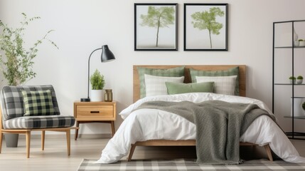 Cozy bedroom natural style interior design, bed with white and green bedding, rattan armchair, plants posters, wooden bench, soft plaid