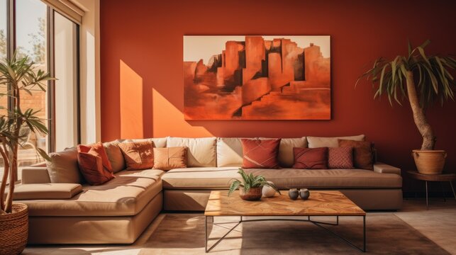 Red earth tones modern home interior. contemporary living room with terracotta wall, sofa, furniture, wooden coffee tables and decor. Home decor. Trends in interior design.