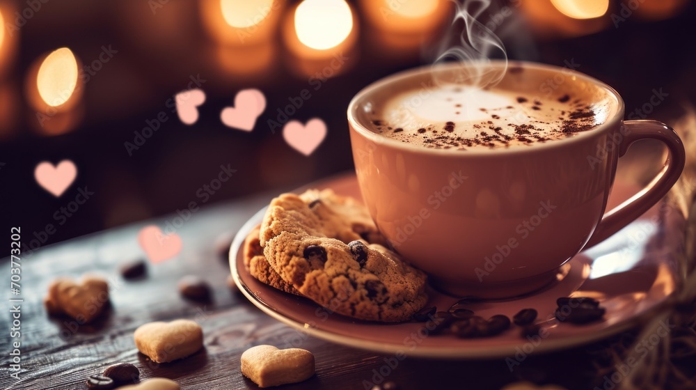 Poster a cup of cappuccino with a cookie on a saucer on a table with hearts and lights in the background.