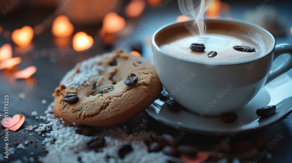 Poster a close up of a cup of coffee and a cookie on a saucer on a table with candles in the background.