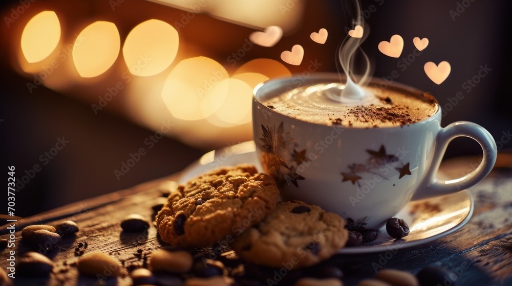 Poster a cup of cappuccino with a cookie on a saucer on a table with lights in the background.