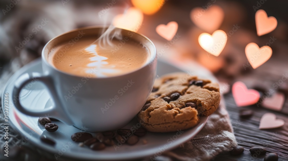 Aufkleber a cup of coffee on a saucer with a cookie on a saucer on a table with hearts in the background.