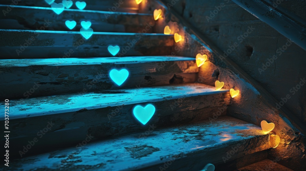 Poster a set of stairs with glowing hearts on the steps and a set of handrails with glowing hearts on the s