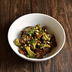 Beef with broccoli in bowl