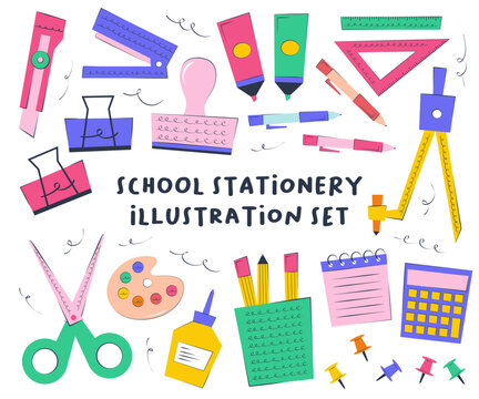 Cute School Stationery Illustration Set