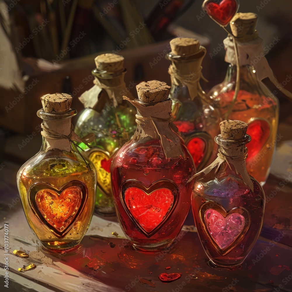 Poster a group of bottles with hearts inside of them sitting on a table next to other bottles with hearts i