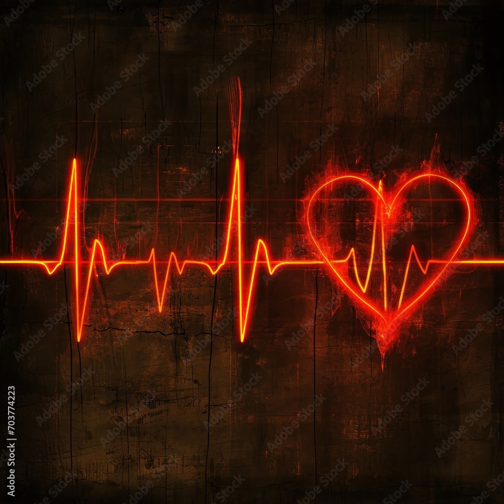 Poster a red heart on a black background with a line of ecg in the shape of a heart and a line of ecg in th