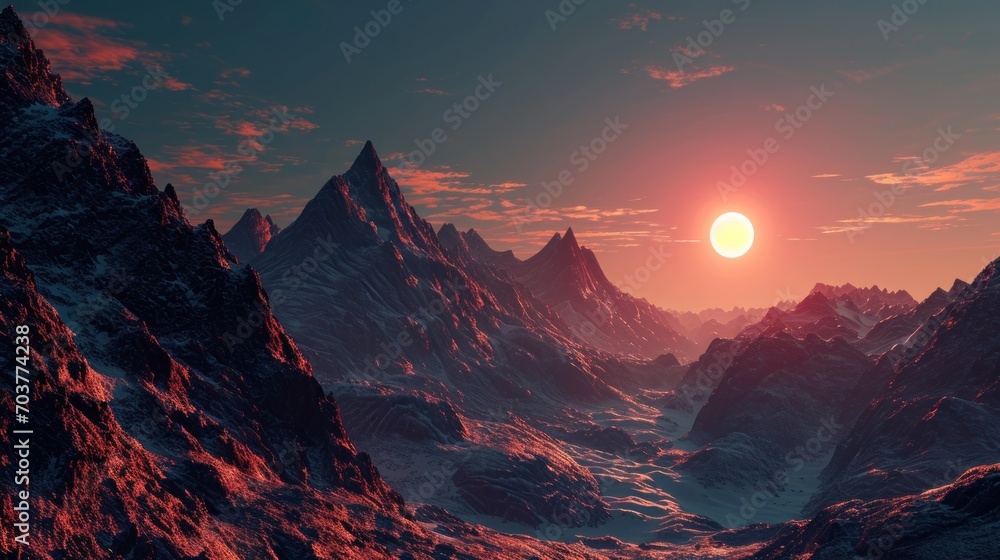 Poster a computer generated image of a mountain range with the sun rising over the top of the mountains in 