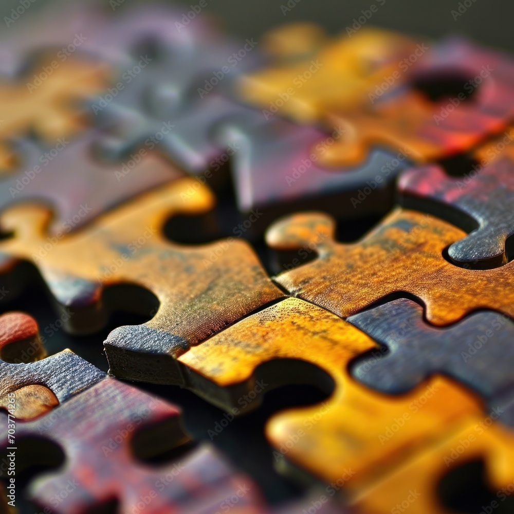 Poster a close up of a multicolored jigsaw puzzle with a missing piece in the middle of the puzzle.