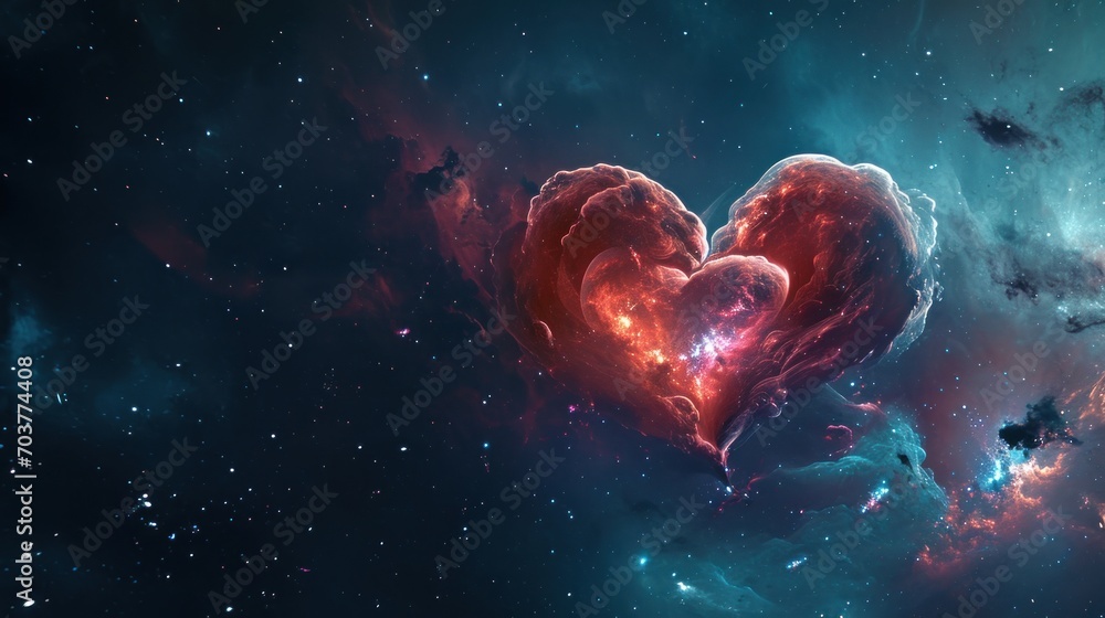 Poster a heart - shaped object in the middle of a space filled with stars and a cluster of stars in the bac