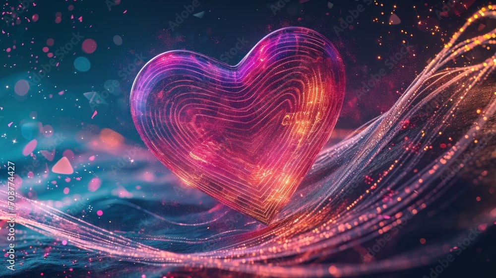 Poster a heart shaped object in the middle of a blue and pink background with a wave of light coming out of