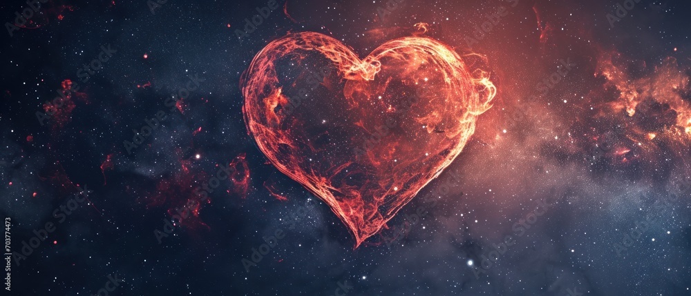 Poster a heart shaped object in the middle of a space filled with stars and a bright red light in the middl