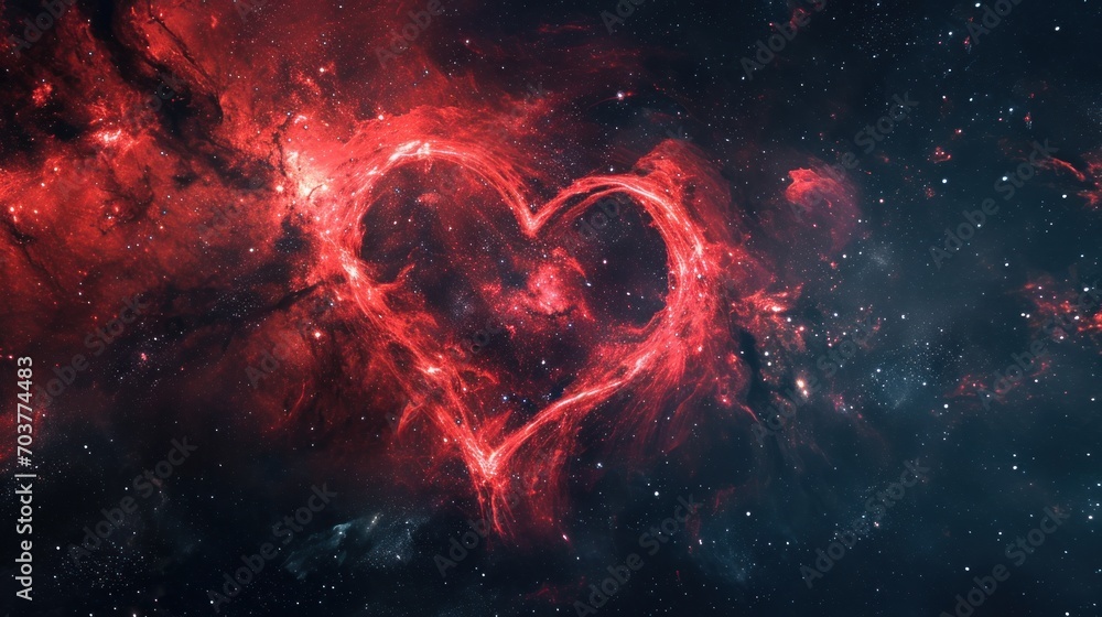 Poster a heart - shaped object in the middle of a space filled with stars and a bright red light in the mid