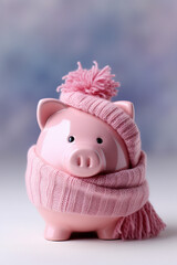 A pink piggy bank money box wrapped up warm with a scarf. Winter heating bills concept.Generative AI