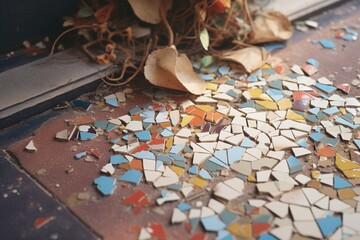 shattered mosaic tiles scattered around a ruin floor