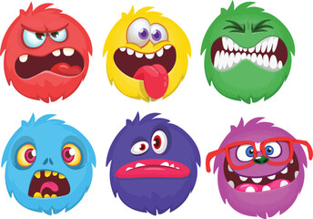 Cartoon monster faces set. Vector set of four Halloween monster faces or avatars. Print design of monsters mask for masquerade