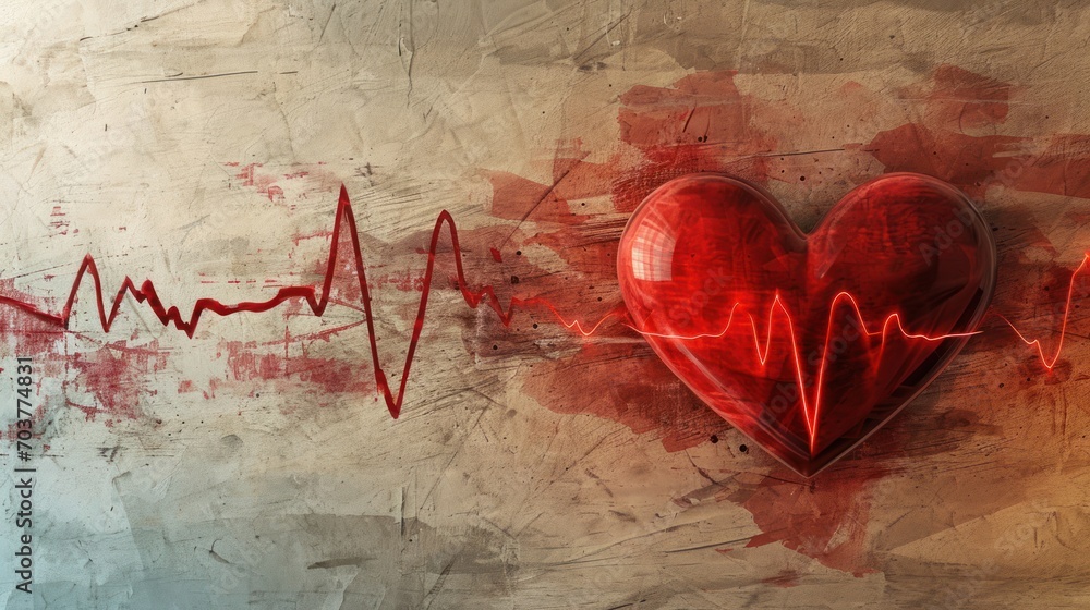 Poster a painting of a red heart with a line of ecg going through it and a red heart with a line of ecg goi