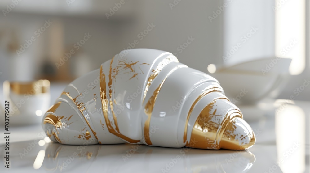 Poster a close up of a white and gold object on a table with a cup and saucer in the background.