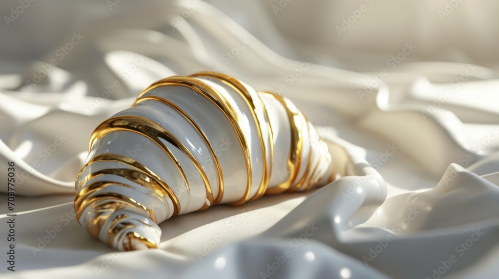 Poster a close up of a white and gold object on a white sheet of fabric with a gold ring on top of it.