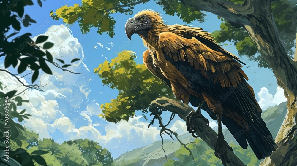 Poster a painting of a large bird perched on a branch of a tree in front of a blue sky with clouds.