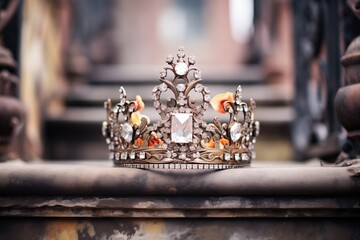 tarnished tiara with missing diamonds on stone stairs