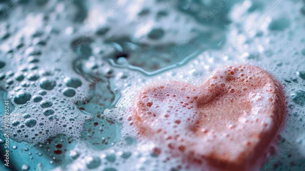 Aufkleber a close up of a heart shaped object on a surface of water with drops of water on top of it.