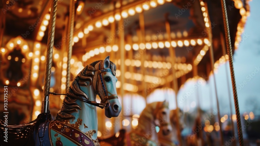Poster a close up of a merry go round horse on a merry go round with lights on the top of it.