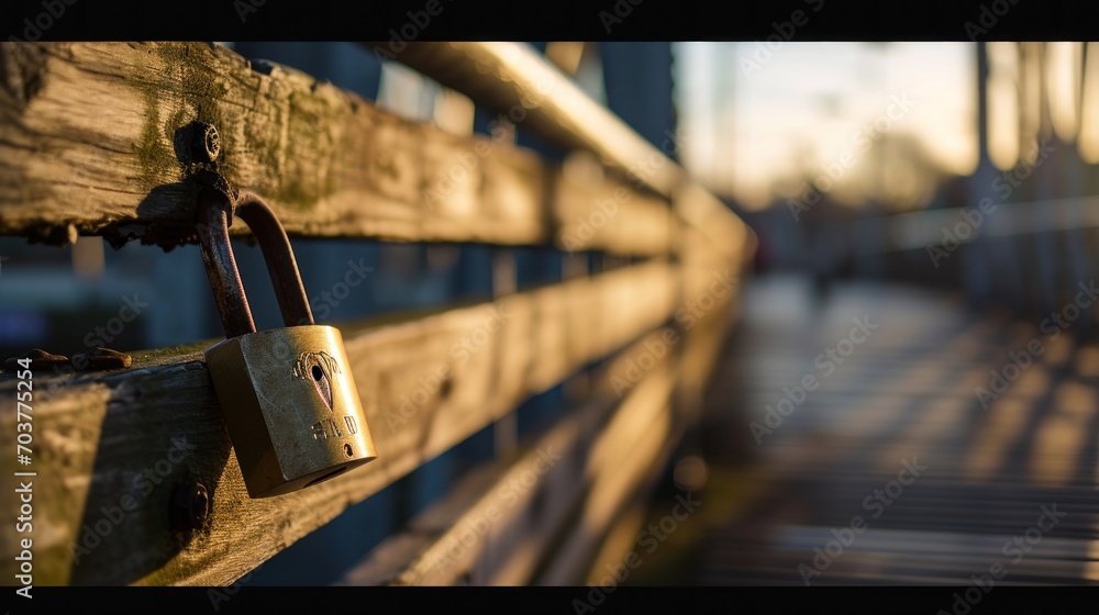 Poster a close up of a padlock on a wooden bench with a blurry image of a building in the background.