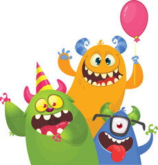 Cute cartoon Monsters. Vector set of cartoon monsters with balloons and party hats. Illustration isolated
