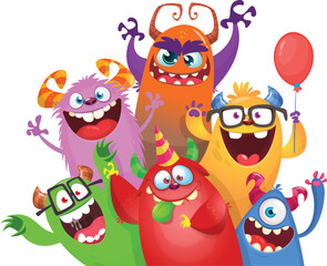 Cute cartoon Monsters. Vector set of cartoon happy monsters with balloons and party hats. Illustration isolated