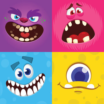Cartoon monster faces set. Vector collection of four Halloween monster avatars with different face expressions. Isolated