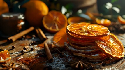 Sliced tangerines and cinnamon on wooden table, closeup
