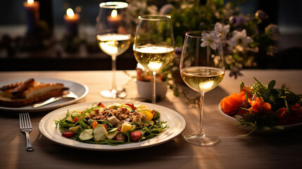 romantic dinner and glasses of wine on the table.