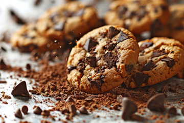 Fototapeta premium Chocolate chip cookies with cocoa powder on grey table, closeup