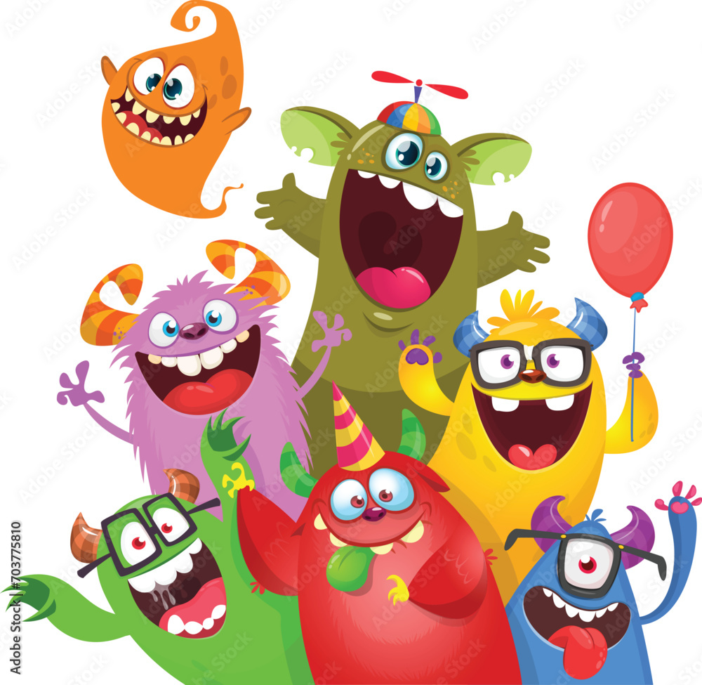 Wall mural Cute cartoon Monsters. Vector set of cartoon monsters with balloons and party hats. Illustration isolated - Wall murals