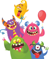 Cute cartoon Monsters. Vector set of cartoon monsters with balloons and party hats. Illustration isolated