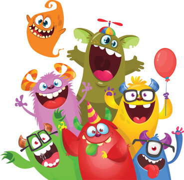 Cute cartoon Monsters. Vector set of cartoon monsters with balloons and party hats. Illustration isolated