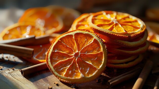 Dried orange slices and cinnamon sticks on wooden table, closeup