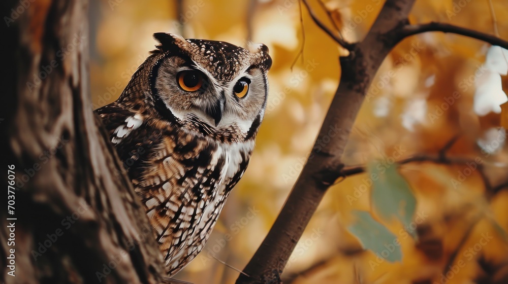 Poster a close up of an owl on a tree branch with leaves in the background and a yellow sky in the backgrou