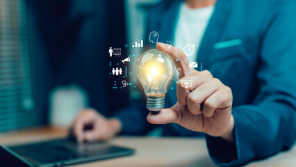 businessman Hand holding Light bulb Global connection. Business global and technology digital...