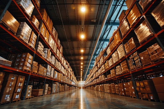 Interior of a warehouse with shelves full of boxes, toned
