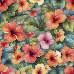 A vibrant pattern of tropical hibiscus flowers. 