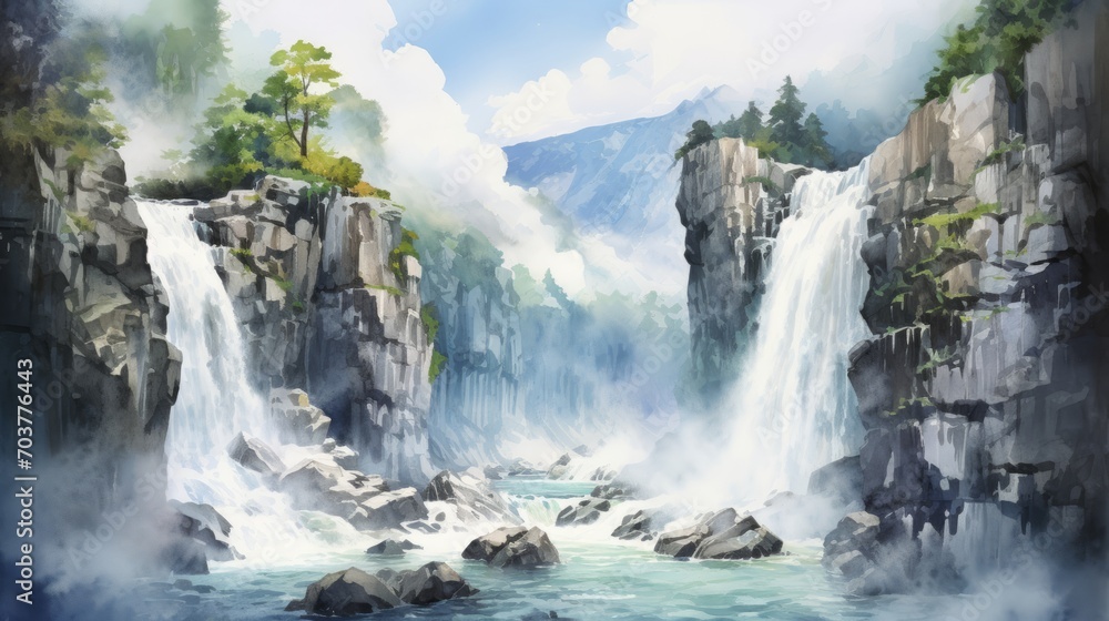 Poster generative ai majestic waterfalls cascading down cliffs. aquarelle